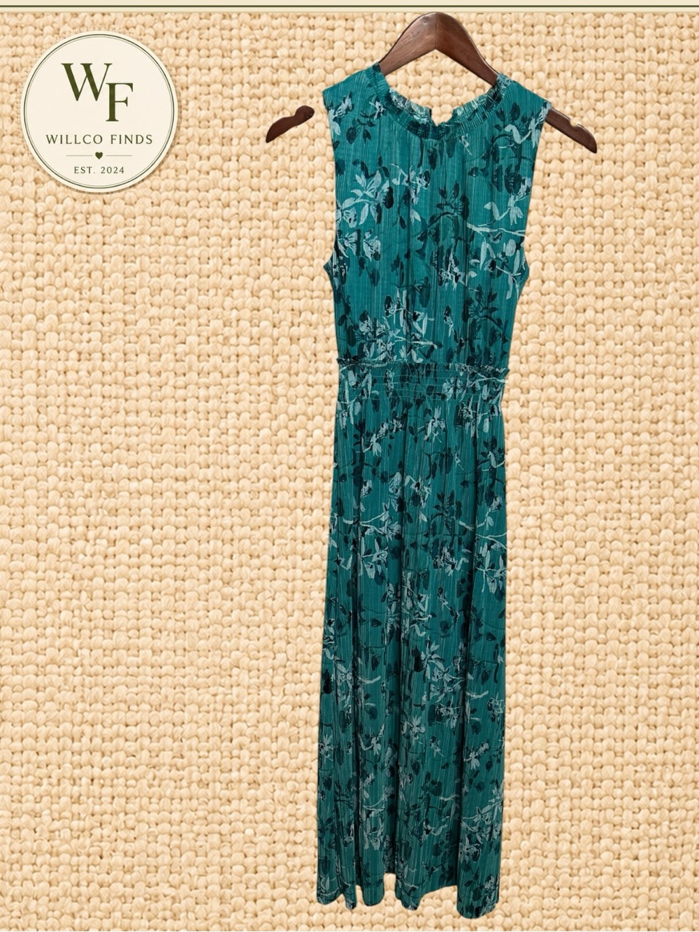 Taylor Teal Floral Pleated Maxi Dress Women’s Size 4 Sleeveless Smocked Waist